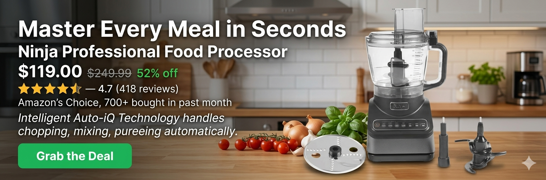 Ninja Professional Food Processor in grey with 2.1L capacity, displayed in a modern kitchen setting with fresh ingredients and ambient lighting, promoting effortless food prep with Auto-iQ Technology
