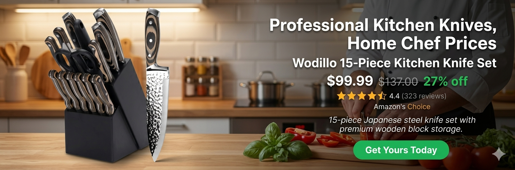 Wodillo 15-piece kitchen knife set in black pakkawood storage block, featuring professional Japanese stainless steel knives with hammer pattern design on a modern kitchen counter