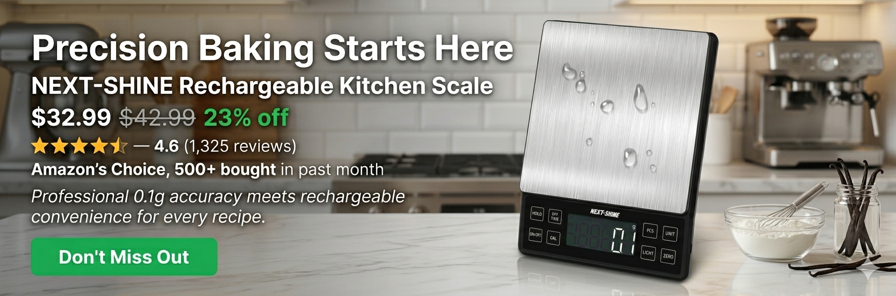 NEXT-SHINE Rechargeable Digital Kitchen Scale with black body, large stainless steel platform, and LCD backlit display on a modern kitchen countertop