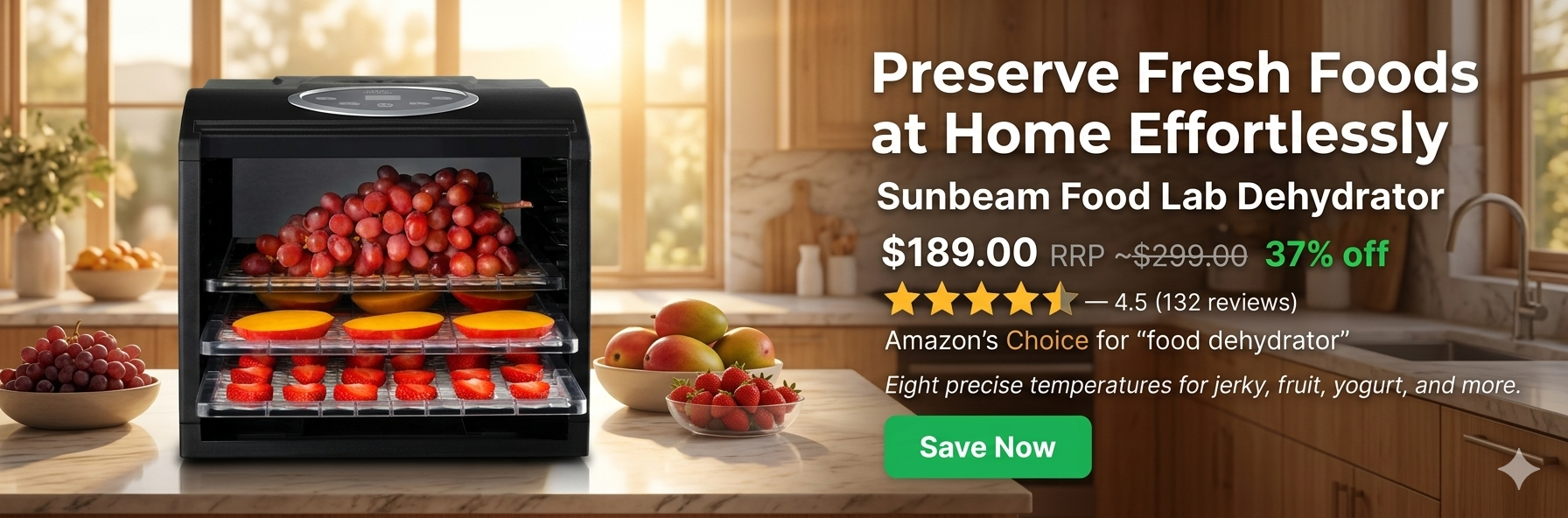 Sunbeam Food Lab Electronic Food Dehydrator in black, displayed in a modern kitchen setting with fresh fruits and vegetables nearby, showing 8 temperature settings and digital timer controls